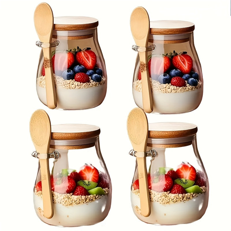 1/2/3/4pcs Glass Oatmeal Cup, High Quality Borosilicate Glass, Overnight Oatmeal Cup Set, Salad Bowl, Oatmeal Jar, Meal Preparation Container with Lid and Spoon, Glass Jar, Used for Storing Chia Seeds, Salad, Pudding and Yogu