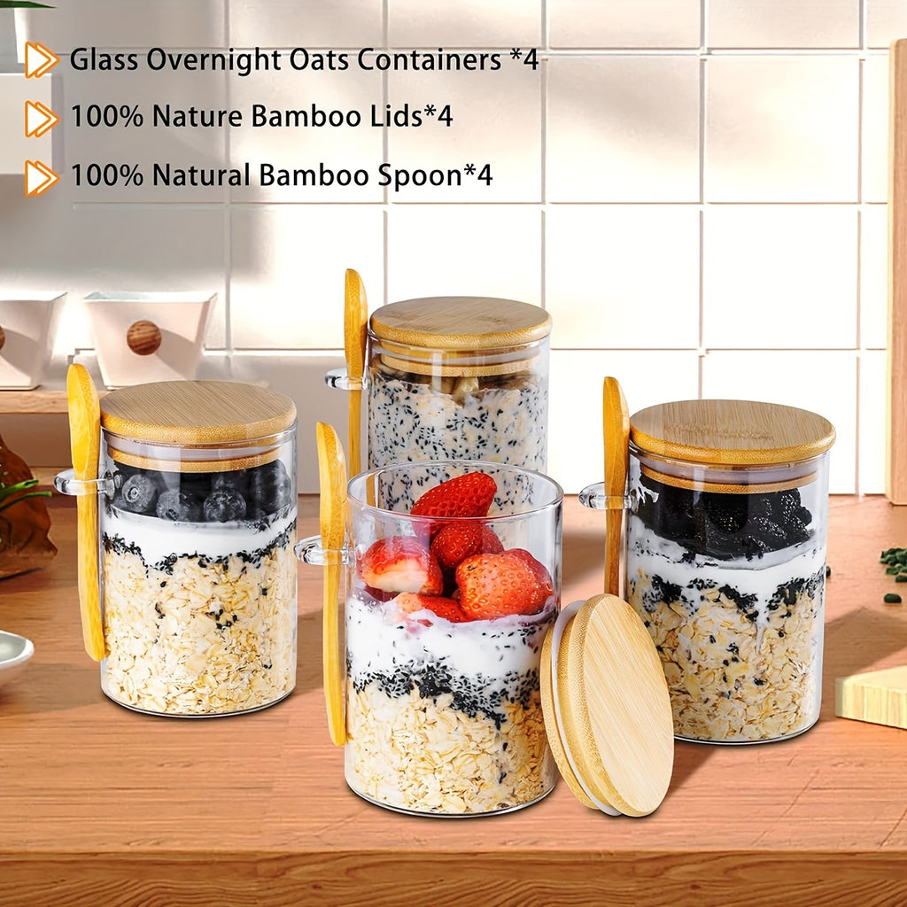 16OZ Glass Jar Meal Preparation Container - 4 PCS Oatmeal Cups with Lid and Spoon - Holds Chia Seeds, Pudding, Yogurt, Salad