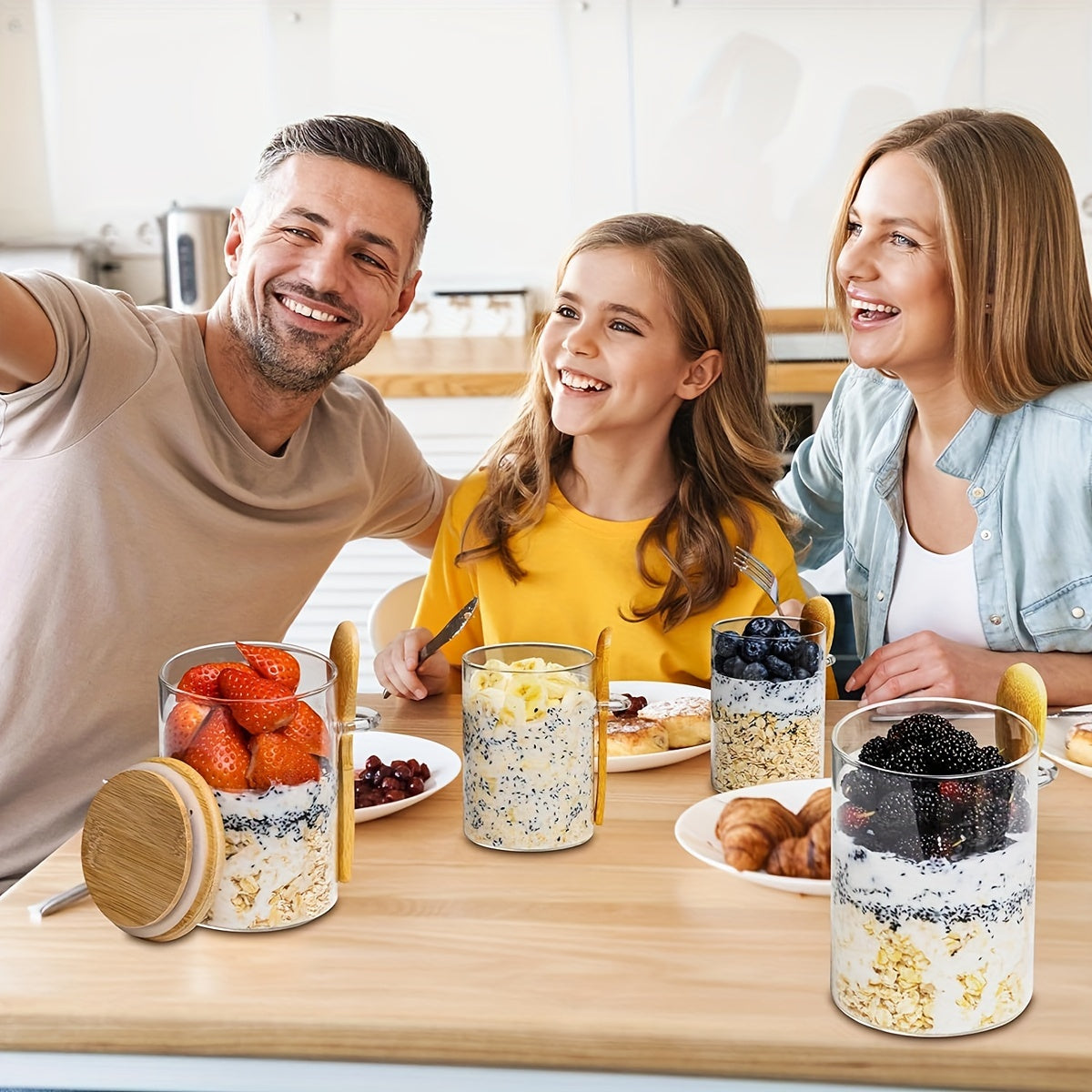 16OZ Glass Jar Meal Preparation Container - 4 PCS Oatmeal Cups with Lid and Spoon - Holds Chia Seeds, Pudding, Yogurt, Salad