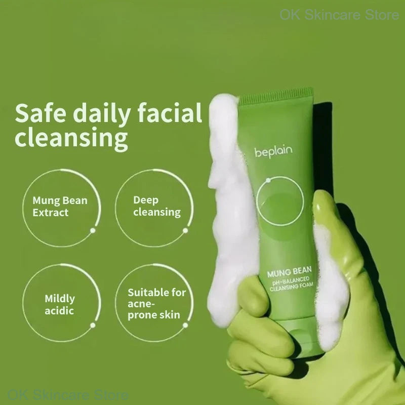 Korean Skincare Set Beplain Mung Bean Face Cleansing Foam,Face Serum,Exfoliate Pore Remover Clay Mask and Cleansing Oil 4pcs Set