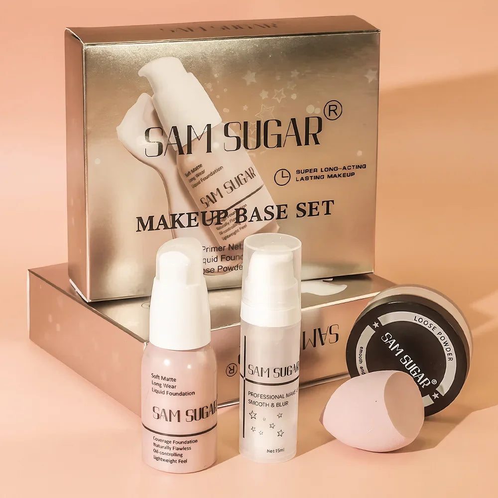 4PCS Makeup Base Set 15ml Face Primer 30ml Matte Liquid Foundation 5g Setting Loose Powder with Soft Puff for Flawless Look