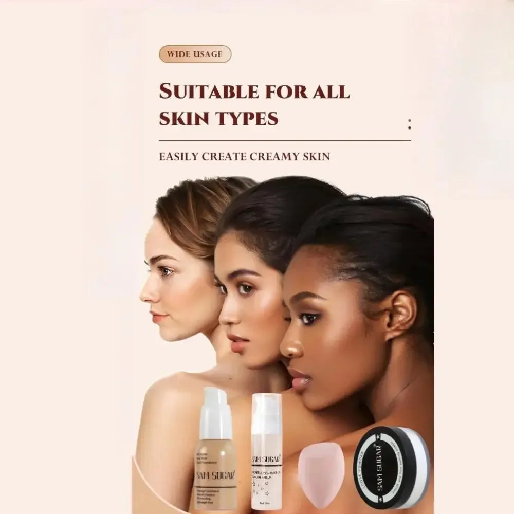 4PCS Makeup Base Set 15ml Face Primer 30ml Matte Liquid Foundation 5g Setting Loose Powder with Soft Puff for Flawless Look