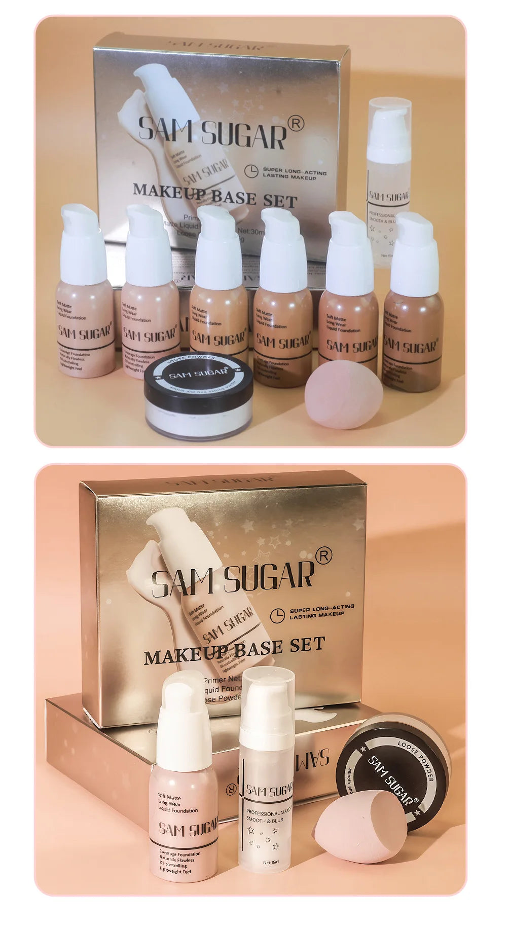 4PCS Makeup Base Set 15ml Face Primer 30ml Matte Liquid Foundation 5g Setting Loose Powder with Soft Puff for Flawless Look