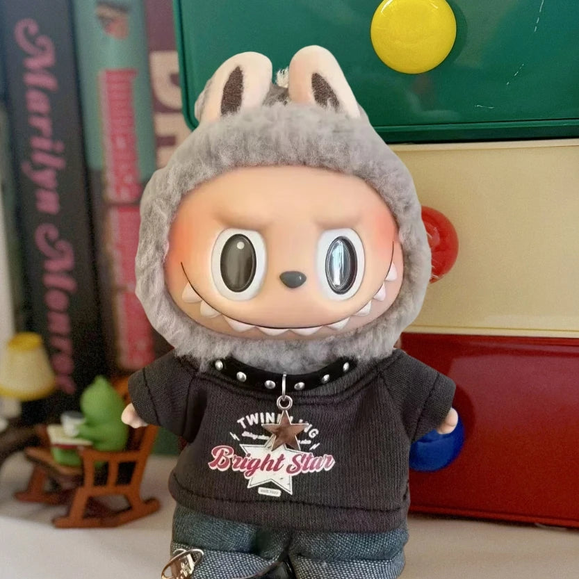 Labubu Clothes For 15/17cm V1 V2 V3 Plush Idol Doll Hip Hop T-Shirt Pants Necklace 3PCS/Pack Decoration Accessories Fans Gift