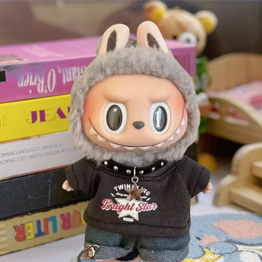 Labubu Clothes For 15/17cm V1 V2 V3 Plush Idol Doll Hip Hop T-Shirt Pants Necklace 3PCS/Pack Decoration Accessories Fans Gift