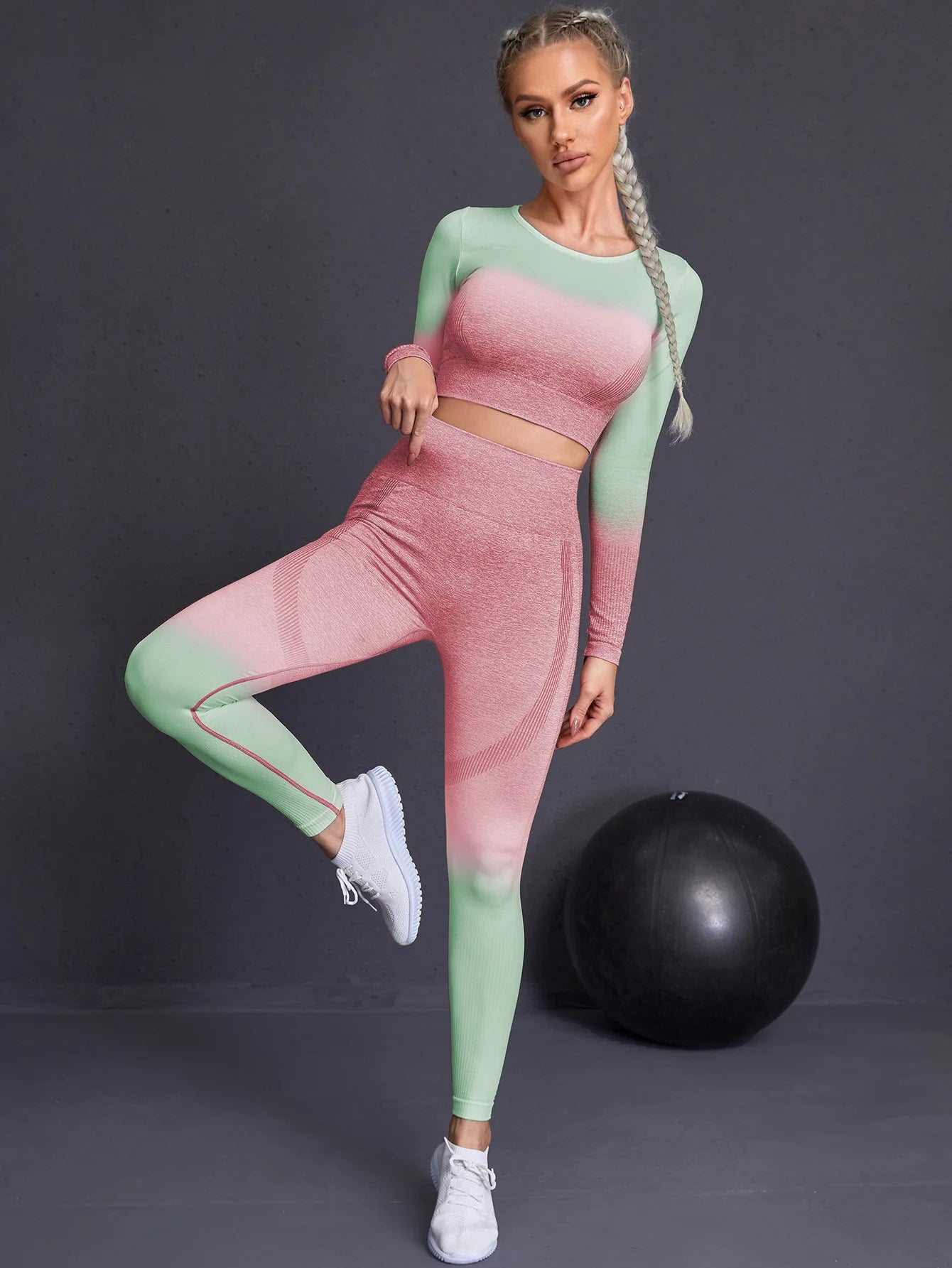 Workout Sets Two Piece Outfits for Women Clothes Gym Yoga Seamles Sports long  Tops with Legging