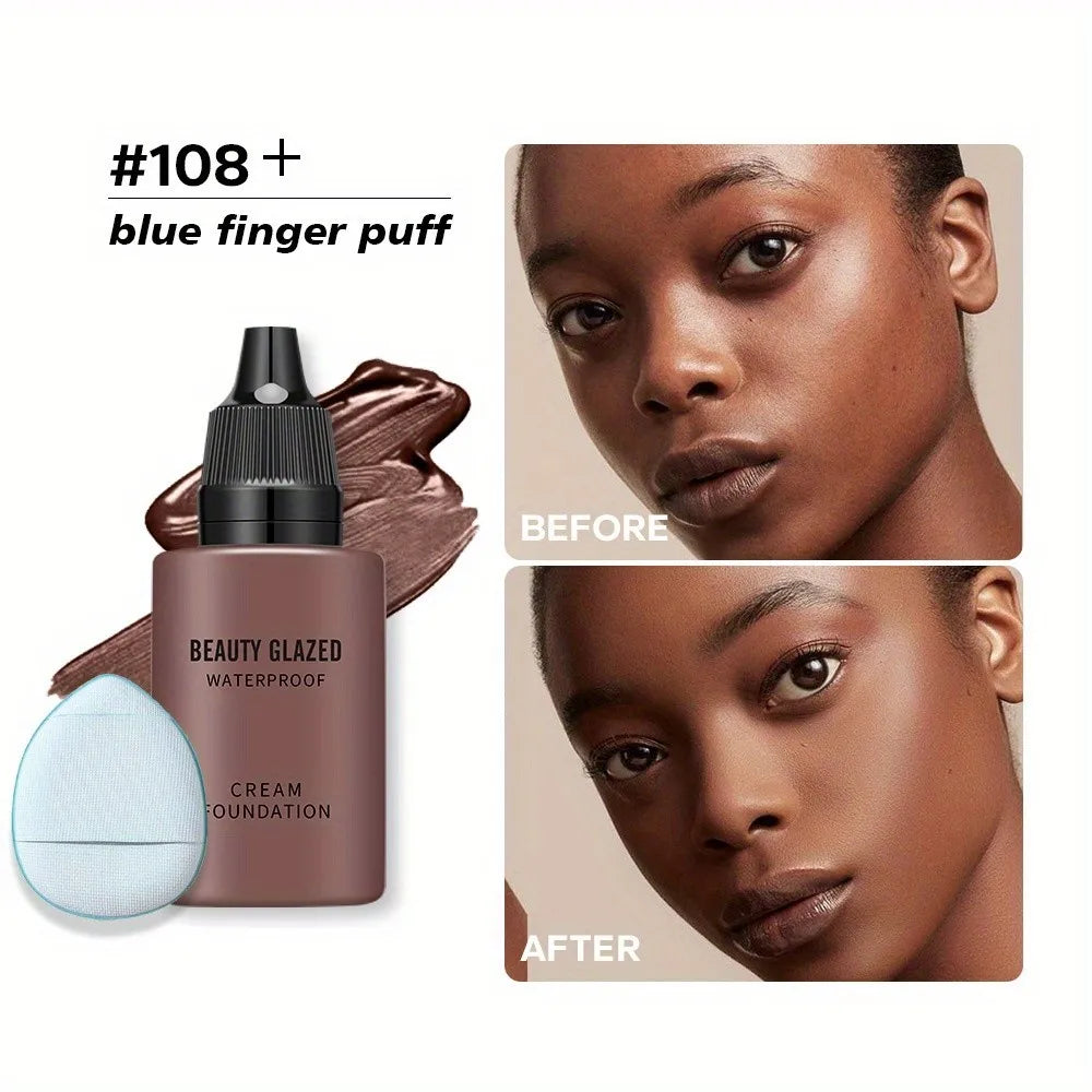 2024 New Foundation +Puff set Liquid Matte Full Coverage Foundation Waterproof Matte Natural Foundation With Blue Thumb Puff