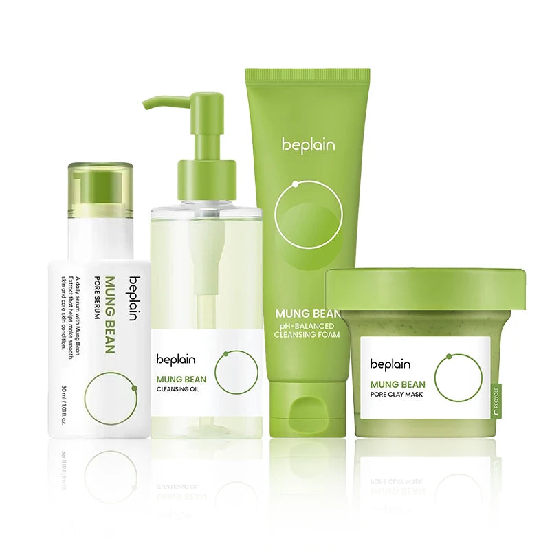 Korean Skincare Set Beplain Mung Bean Face Cleansing Foam,Face Serum,Exfoliate Pore Remover Clay Mask and Cleansing Oil 4pcs Set