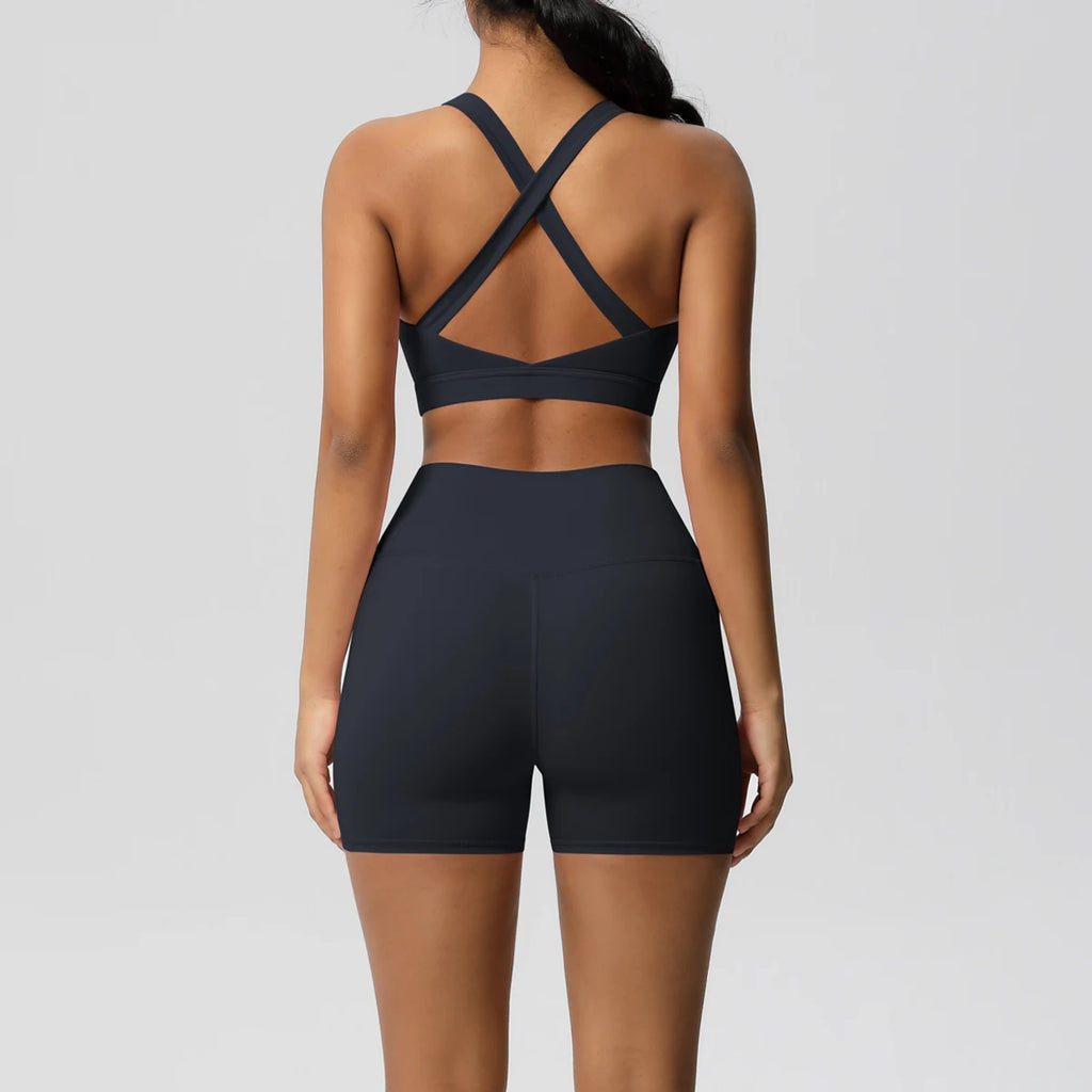 2PCS Sportswear With Pocketed Yoga Set Gym Clothes Yoga Suits For Women Tracksuits Sports Shorts Crossover Bra Gym Leggings