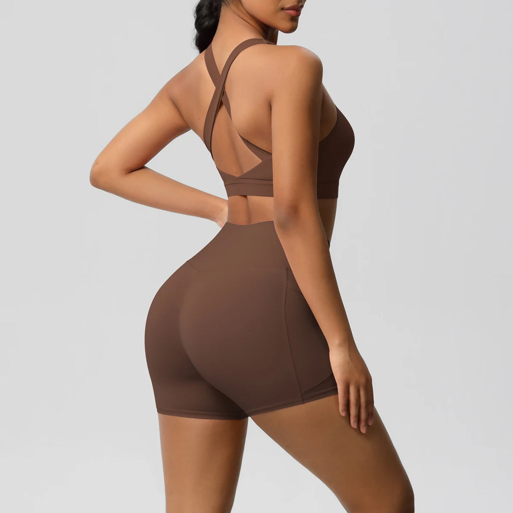 2PCS Sportswear With Pocketed Yoga Set Gym Clothes Yoga Suits For Women Tracksuits Sports Shorts Crossover Bra Gym Leggings