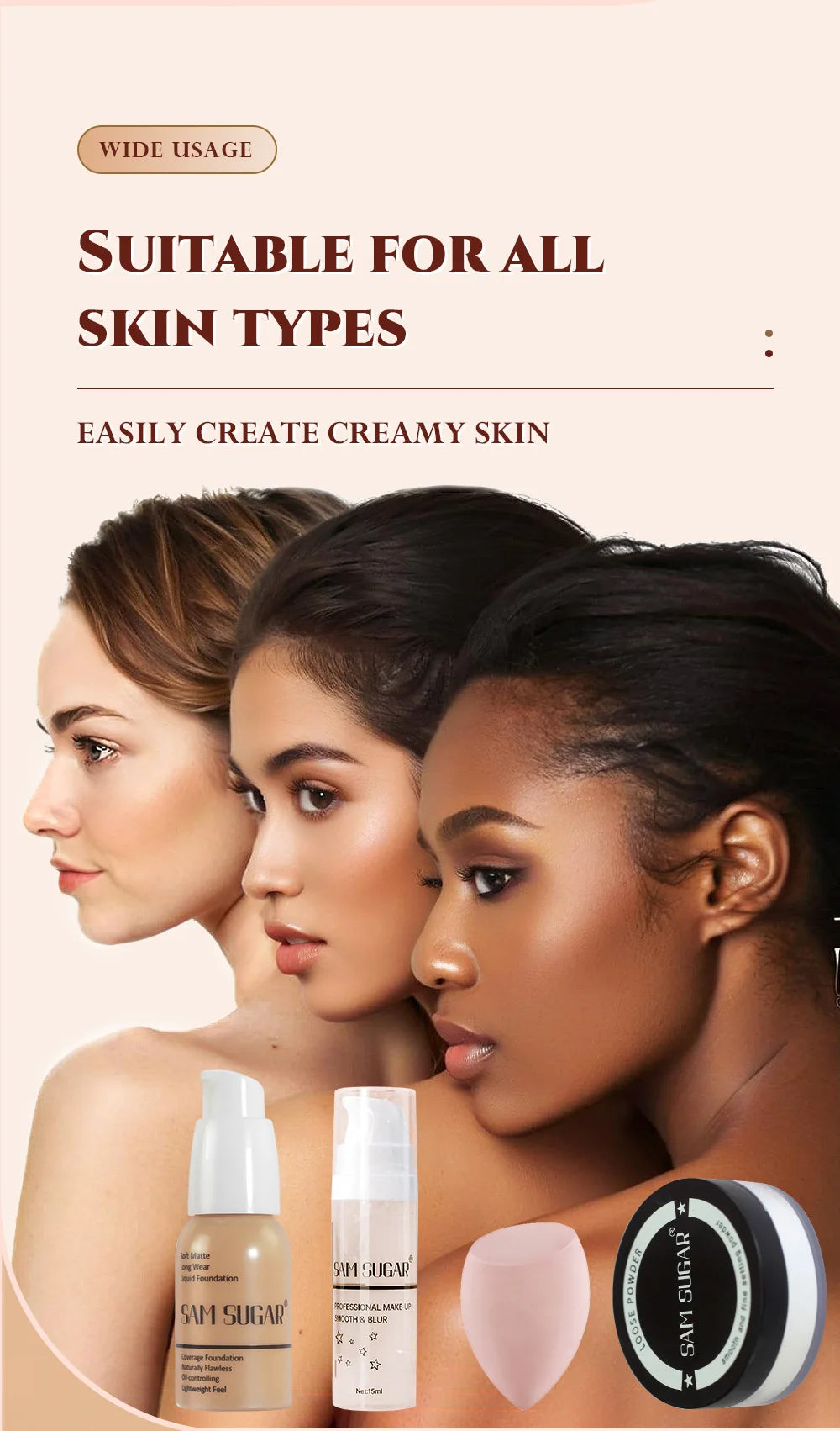 4PCS Makeup Base Set 15ml Face Primer 30ml Matte Liquid Foundation 5g Setting Loose Powder with Soft Puff for Flawless Look