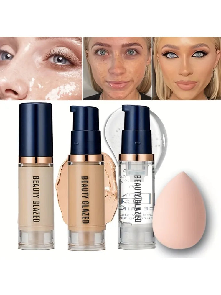 BEAUTY GLAZED 3Pcs Face Makeup Set,Matte Long lasting Waterproof Liquid Foundation+Primer+Puff