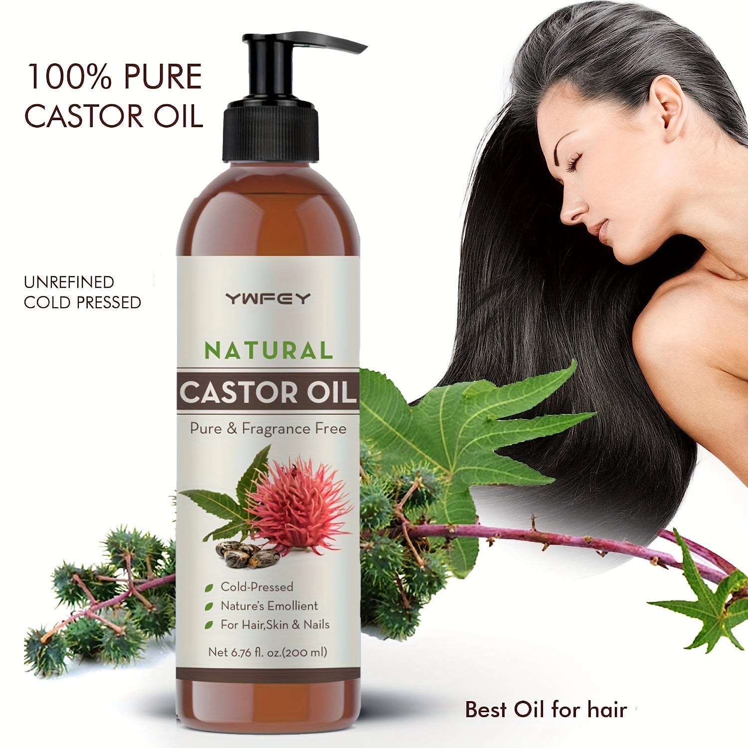6.76oz Castor Oil For Eyelashes, Eyebrows, Hair & Skin Care | Cold Pressed Unrefined Hexane-Free